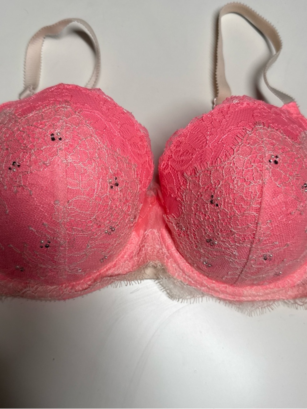 Victoria's Secret Neon Pink Lace Underwire Bra with Rhinestones